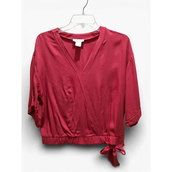 Women’s Burgundy Wrap Front Top | Short Sleeve Tie Waist Blouse | Medium - Picture 7 of 14